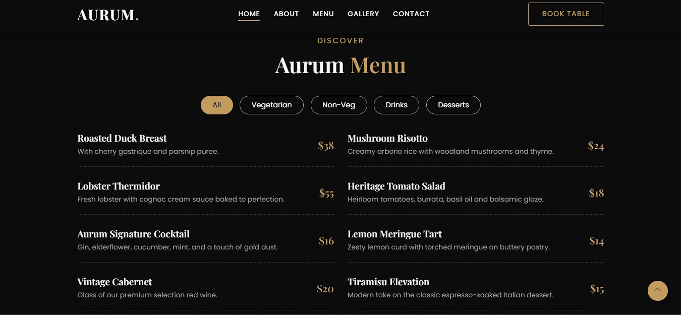 Arum Restaurant Antigravity menu